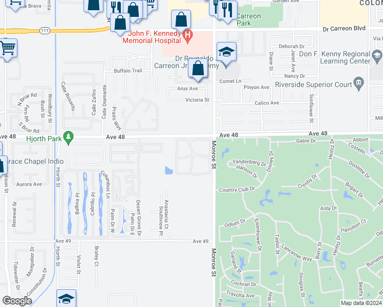 map of restaurants, bars, coffee shops, grocery stores, and more near 24 Desert Grove Drive in Indio