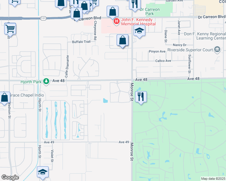 map of restaurants, bars, coffee shops, grocery stores, and more near 24 Desert Grove Drive in Indio