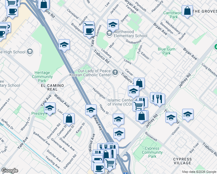 map of restaurants, bars, coffee shops, grocery stores, and more near 56 Roosevelt in Irvine