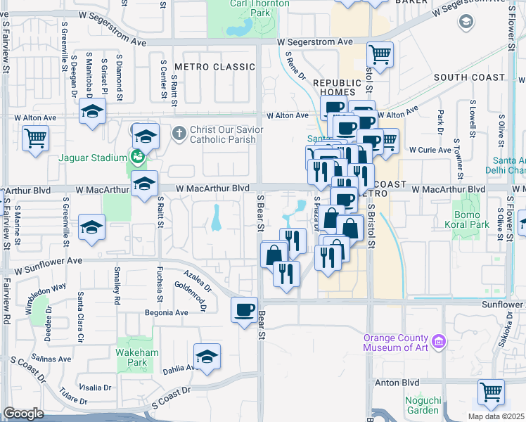 map of restaurants, bars, coffee shops, grocery stores, and more near 3640 South Bear Street in Santa Ana
