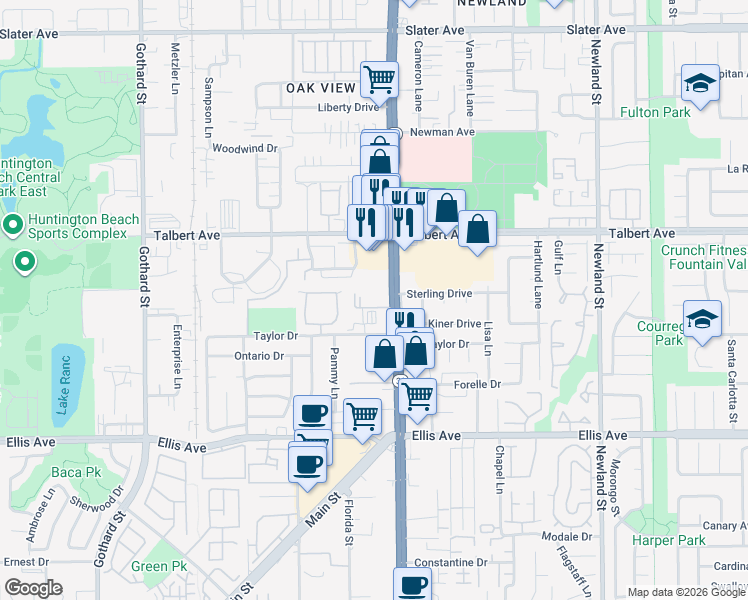 map of restaurants, bars, coffee shops, grocery stores, and more near 18141 Beach Boulevard in Huntington Beach