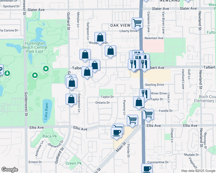map of restaurants, bars, coffee shops, grocery stores, and more near 18292 Parkview Lane in Huntington Beach