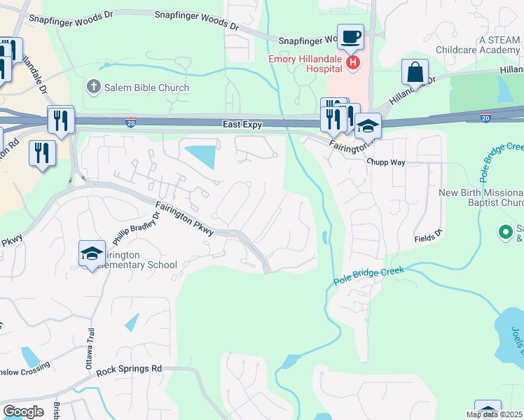 map of restaurants, bars, coffee shops, grocery stores, and more near 5104 Fairington Village Drive in Stonecrest
