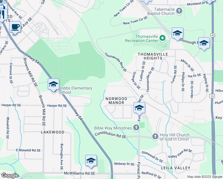 map of restaurants, bars, coffee shops, grocery stores, and more near 741 Knox Drive Southeast in Atlanta