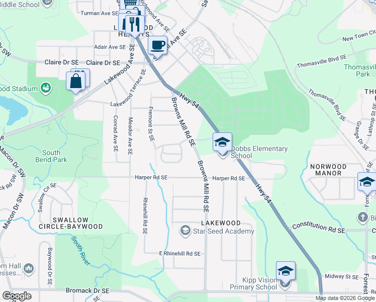 map of restaurants, bars, coffee shops, grocery stores, and more near 2011 Browns Mill Road Southeast in Atlanta