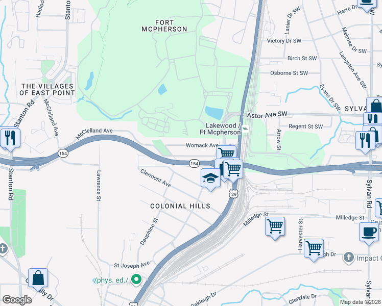 map of restaurants, bars, coffee shops, grocery stores, and more near 1361 McClelland Avenue in East Point