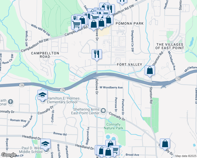 map of restaurants, bars, coffee shops, grocery stores, and more near Delowe Drive in Atlanta
