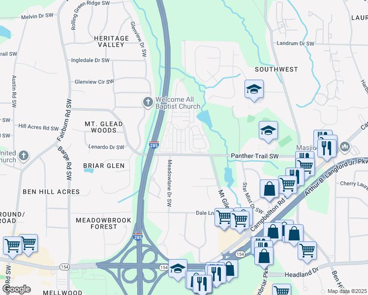 map of restaurants, bars, coffee shops, grocery stores, and more near 3255 Cascade Parc Boulevard Southwest in Atlanta
