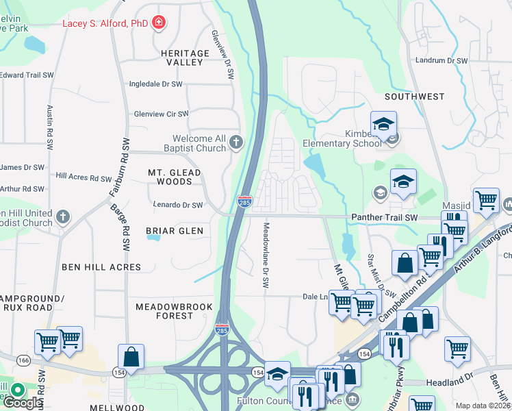 map of restaurants, bars, coffee shops, grocery stores, and more near 3537 Parc Circle Southwest in Atlanta
