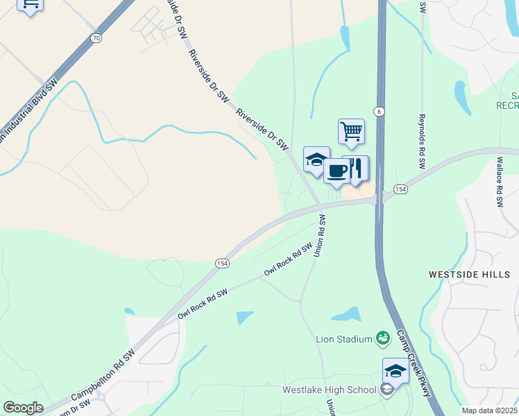 map of restaurants, bars, coffee shops, grocery stores, and more near 6005 Canaan Woods Drive Southwest in Atlanta