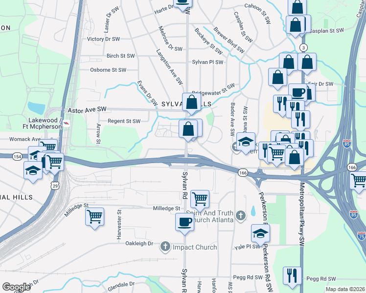 map of restaurants, bars, coffee shops, grocery stores, and more near 2049 Sylvan Road Southwest in Atlanta