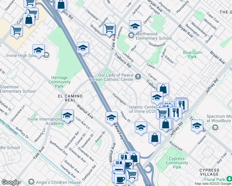map of restaurants, bars, coffee shops, grocery stores, and more near 173 Huntington in Irvine