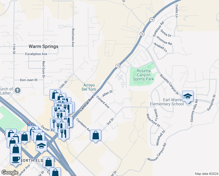 map of restaurants, bars, coffee shops, grocery stores, and more near 28971 Allan Street in Lake Elsinore
