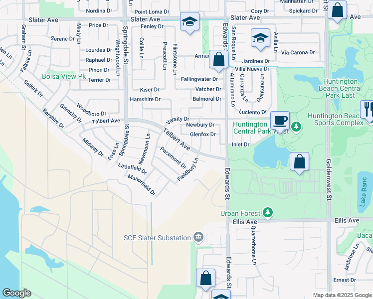 map of restaurants, bars, coffee shops, grocery stores, and more near 18191 Leaf Circle in Huntington Beach