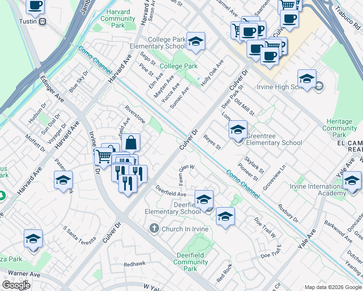 map of restaurants, bars, coffee shops, grocery stores, and more near Culver Dr & Walnut Trail in Irvine