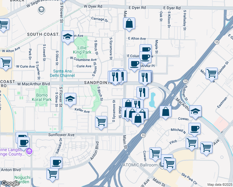 map of restaurants, bars, coffee shops, grocery stores, and more near 3638 South Main Street in Santa Ana