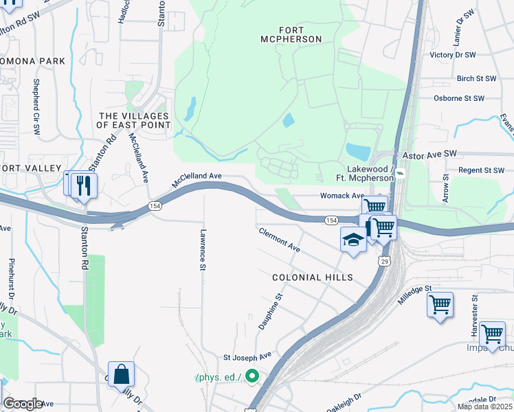 map of restaurants, bars, coffee shops, grocery stores, and more near 1497 Clermont Court in East Point