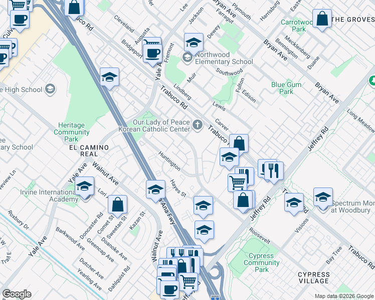map of restaurants, bars, coffee shops, grocery stores, and more near 66 Remington in Irvine