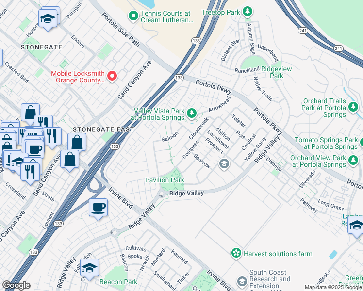 map of restaurants, bars, coffee shops, grocery stores, and more near 177 Cloudbreak in Irvine