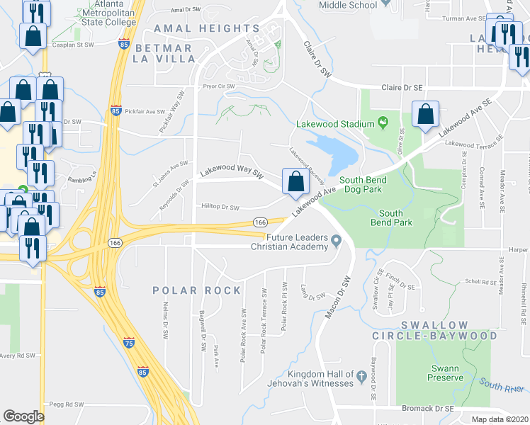 map of restaurants, bars, coffee shops, grocery stores, and more near 146 Hilltop Drive Southwest in Atlanta