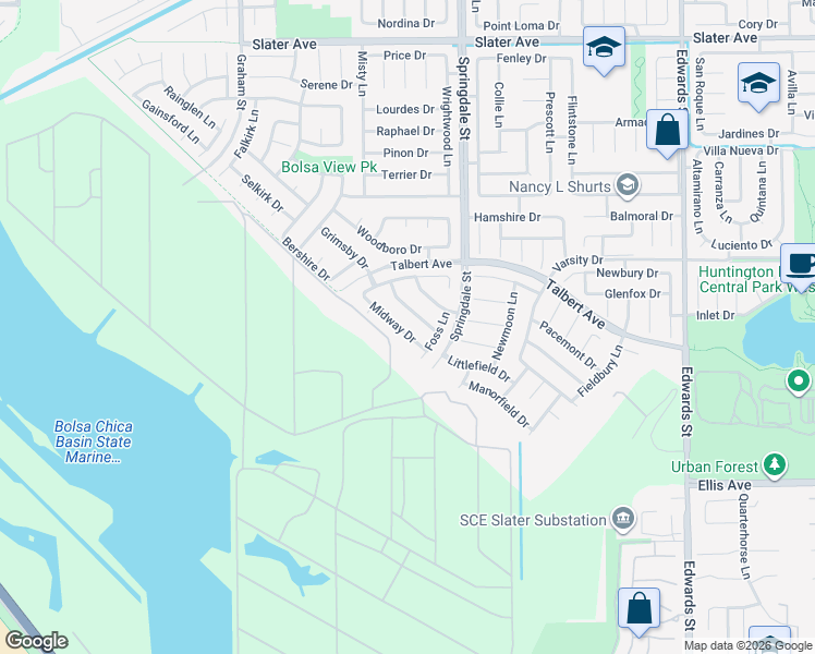 map of restaurants, bars, coffee shops, grocery stores, and more near 5851 Midway Drive in Huntington Beach