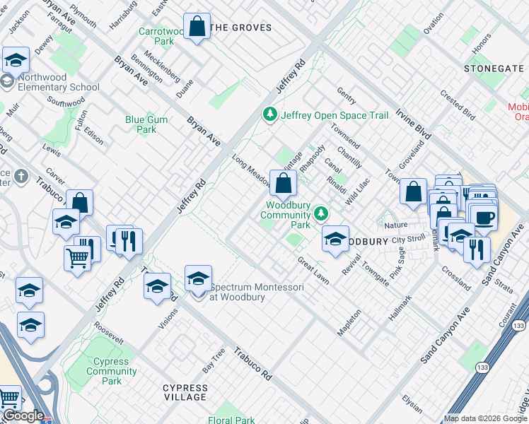 map of restaurants, bars, coffee shops, grocery stores, and more near 82 Vintage in Irvine