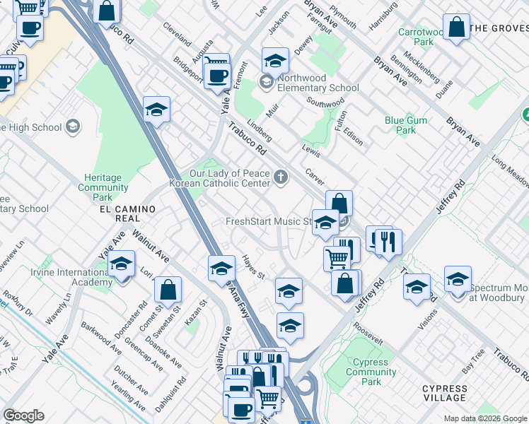 map of restaurants, bars, coffee shops, grocery stores, and more near 56 Roosevelt in Irvine