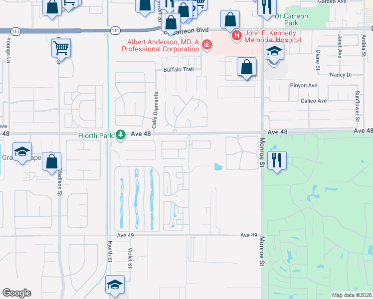 map of restaurants, bars, coffee shops, grocery stores, and more near 78 Paseo De Los Arbol in Indio