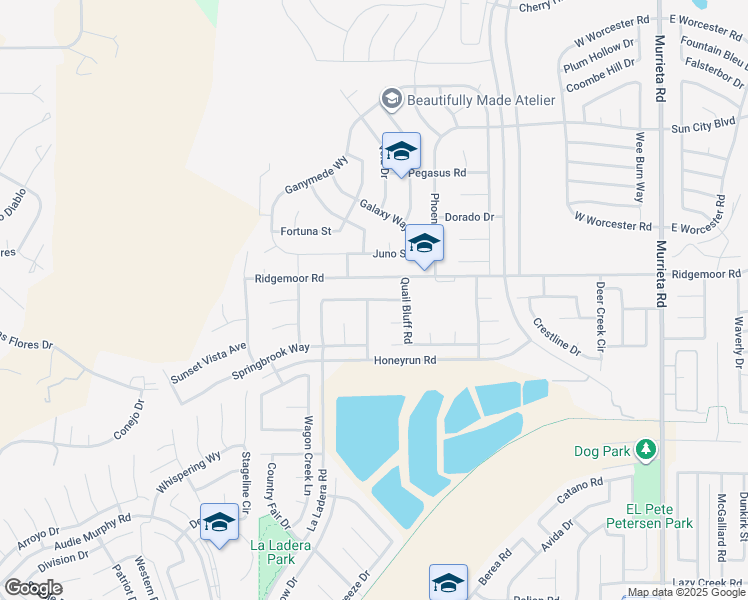 map of restaurants, bars, coffee shops, grocery stores, and more near 25349 Silverwood Lane in Menifee