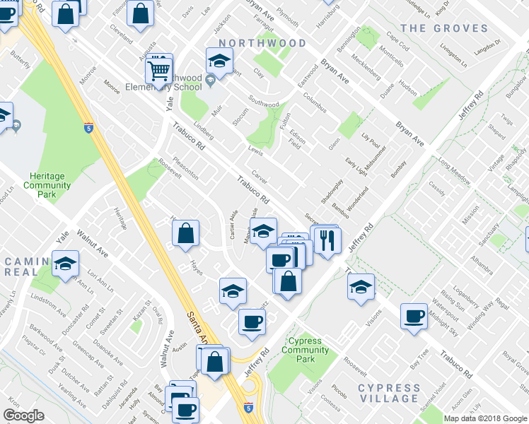 map of restaurants, bars, coffee shops, grocery stores, and more near 5200 Trabuco Road in Irvine