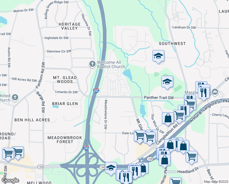 map of restaurants, bars, coffee shops, grocery stores, and more near 3255 Cascade Parc Boulevard Southwest in Atlanta