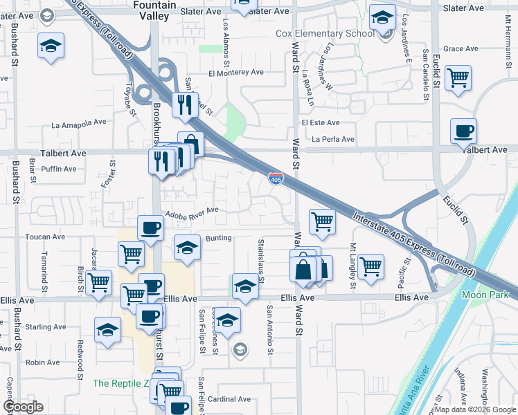 map of restaurants, bars, coffee shops, grocery stores, and more near 10358 Powderhorn River Court in Fountain Valley