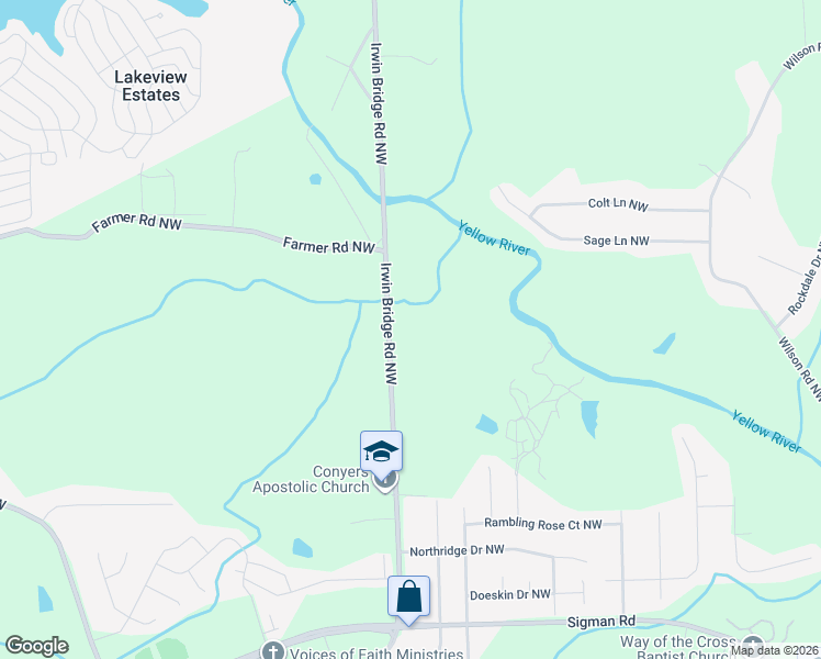 map of restaurants, bars, coffee shops, grocery stores, and more near 2019 Irwin Bridge Road Northwest in Conyers