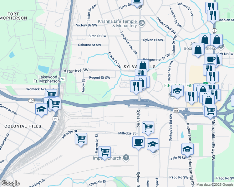 map of restaurants, bars, coffee shops, grocery stores, and more near 987 Estes Drive Southwest in Atlanta