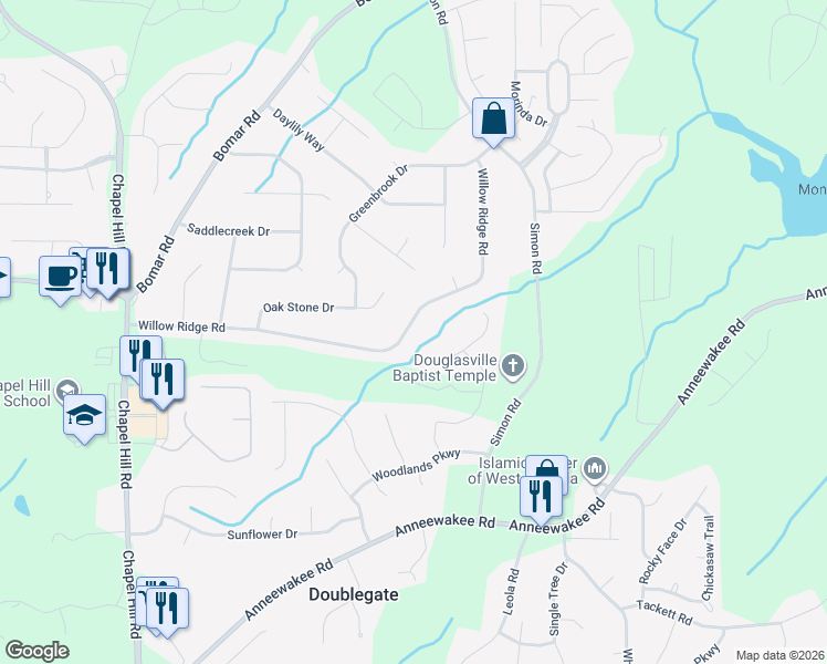 map of restaurants, bars, coffee shops, grocery stores, and more near 3965 Willow Ridge Road in Douglasville