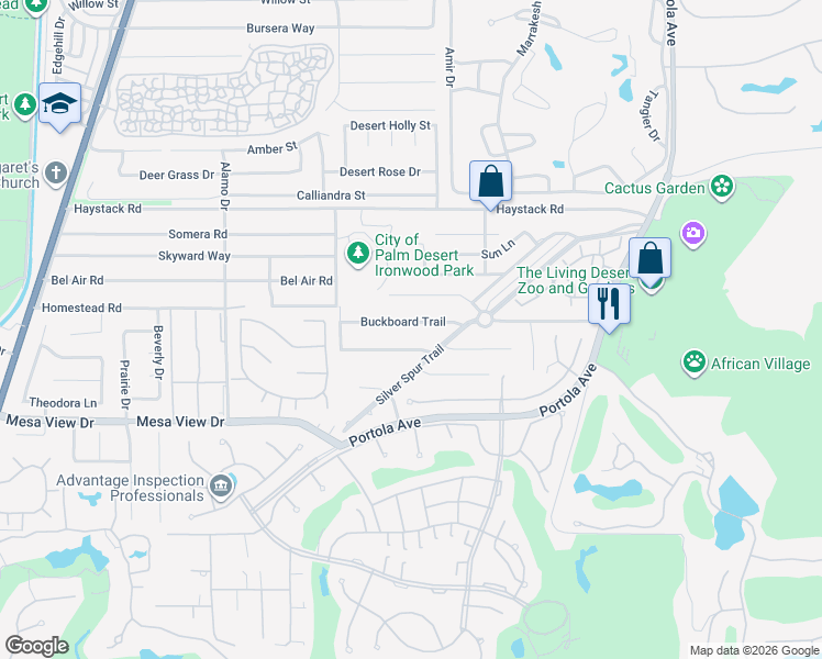 map of restaurants, bars, coffee shops, grocery stores, and more near 73425 Buckboard Trail in Palm Desert