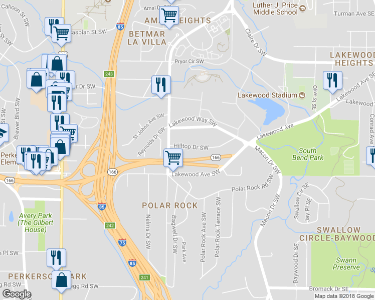 map of restaurants, bars, coffee shops, grocery stores, and more near 244 Hilltop Drive Southwest in Atlanta