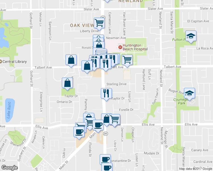 map of restaurants, bars, coffee shops, grocery stores, and more near 18152 Beach Boulevard in Huntington Beach