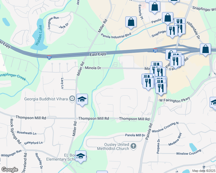 map of restaurants, bars, coffee shops, grocery stores, and more near 2913 Winding Grove Drive in Stonecrest