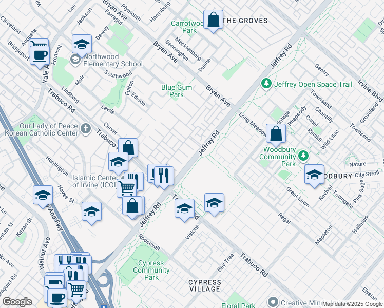 map of restaurants, bars, coffee shops, grocery stores, and more near 68 Cornflower in Irvine