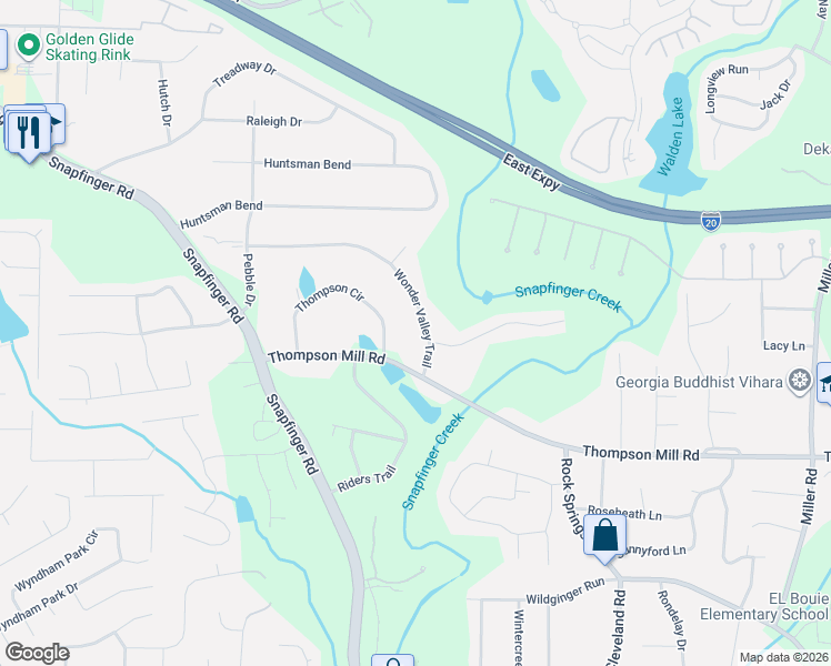 map of restaurants, bars, coffee shops, grocery stores, and more near 4679 Wonder Valley Trail in Decatur
