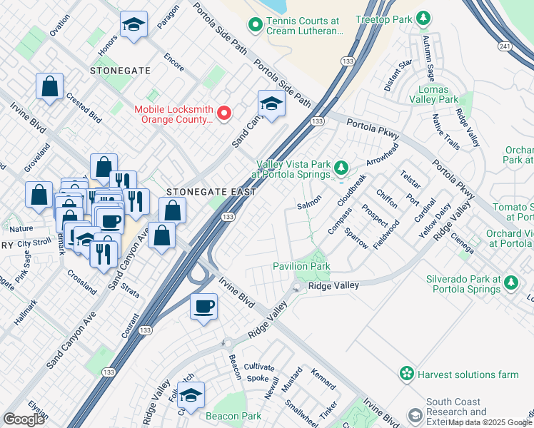 map of restaurants, bars, coffee shops, grocery stores, and more near 15310 Barranca Parkway in Irvine