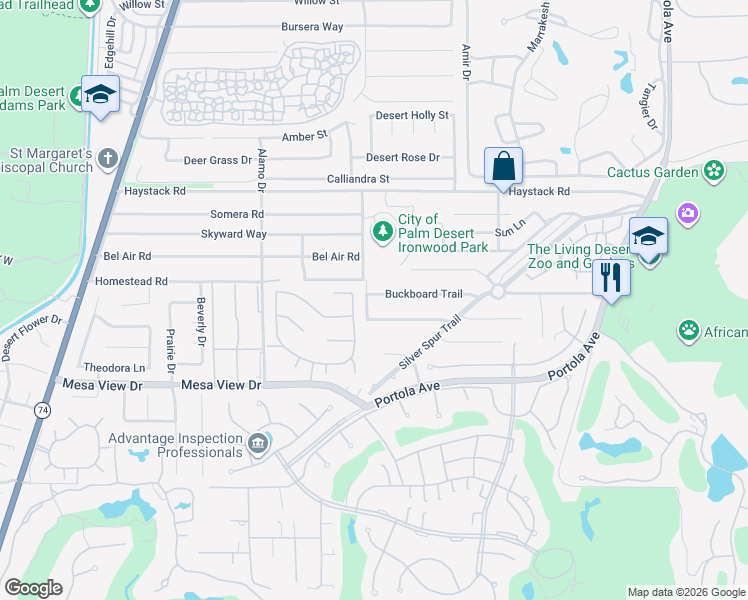 map of restaurants, bars, coffee shops, grocery stores, and more near 2 Palm Desert Drive North in Palm Desert