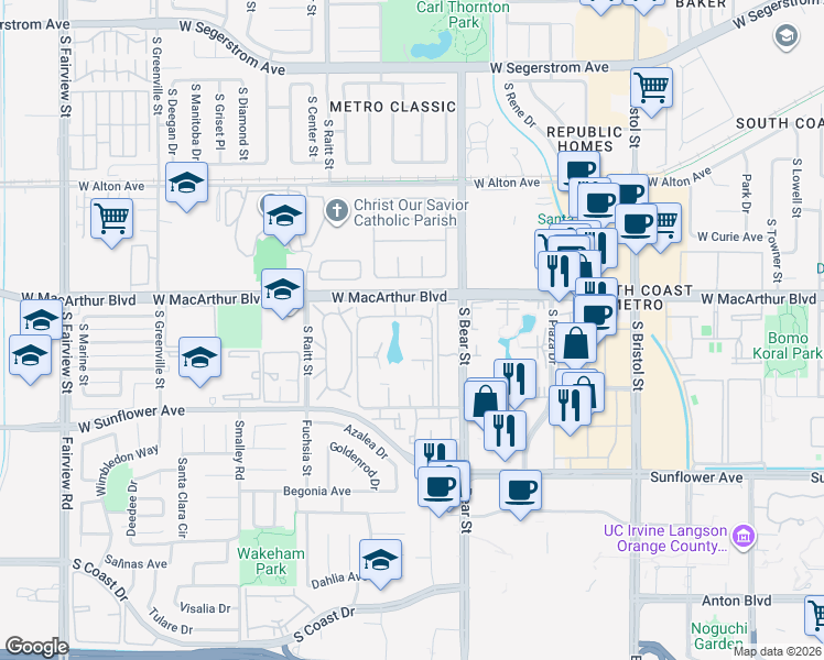 map of restaurants, bars, coffee shops, grocery stores, and more near 1918 West Westwind in Santa Ana
