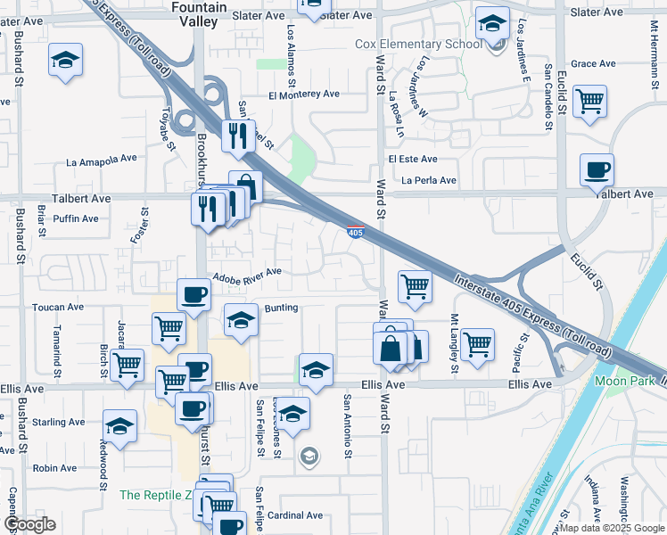 map of restaurants, bars, coffee shops, grocery stores, and more near 10358 Powderhorn River Court in Fountain Valley