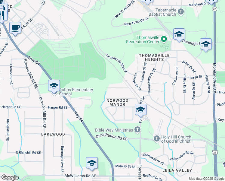 map of restaurants, bars, coffee shops, grocery stores, and more near 741 Knox Drive Southeast in Atlanta