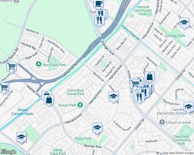 map of restaurants, bars, coffee shops, grocery stores, and more near 16626 Mosscreek Street in Tustin