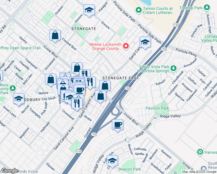 map of restaurants, bars, coffee shops, grocery stores, and more near 32 Flowerstalk in Irvine
