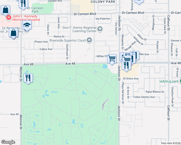 map of restaurants, bars, coffee shops, grocery stores, and more near 82567 Avenue 48 in Indio