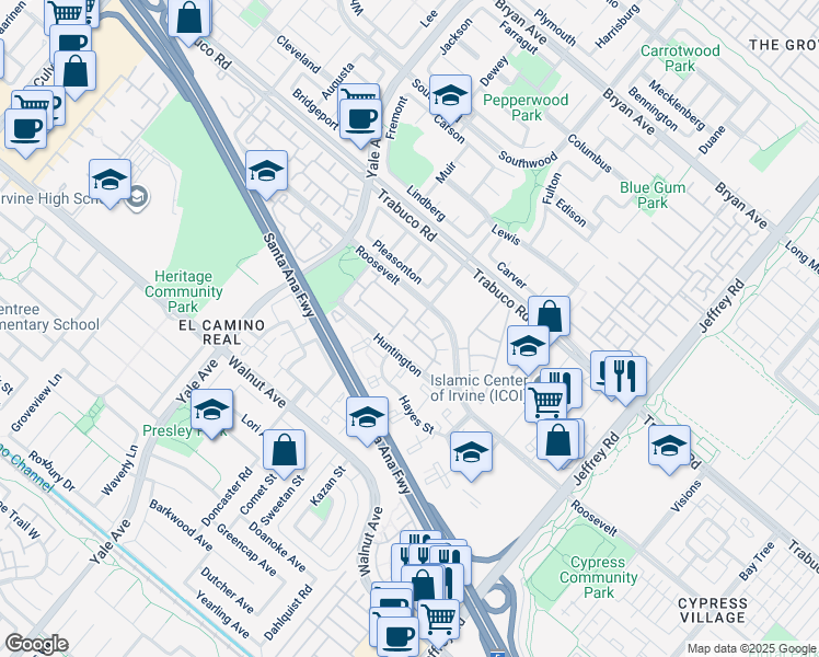map of restaurants, bars, coffee shops, grocery stores, and more near 337 Huntington in Irvine